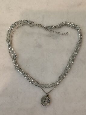 Layered Silver Chain Necklace with Coin Pendant, Brand New